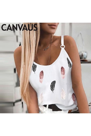 Mavi Yeni Kadın Moda Yaz Rahat Tüy Baskı Spagetti Sapanlar Kolsuz Tank Tops