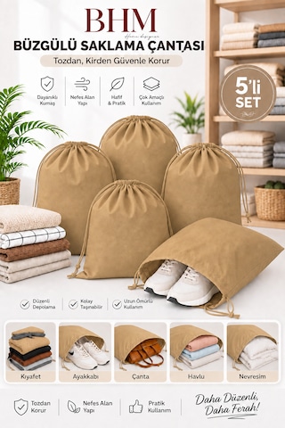 5'li Büzgülü Saklama Çantası 35x45 Cm Nefes Alan Ayakkabı Kılıfı Toz Koruyucu Organizer Bej
