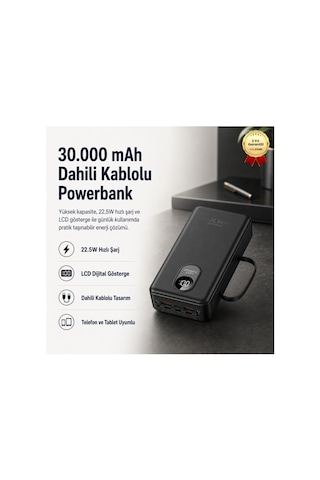 30.000mah 22.5w 3a Hızlı Şarjlı Dahili Kablolu Lcd Göstergeli Hızlı Powerbank-1665 Siyah