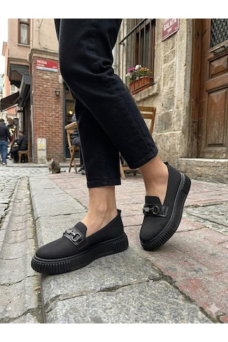 Fort Ventes 346415 Rahat Taş Toka Aksesuarlı Triko Loafer Kadın Ayakkabı Siyah