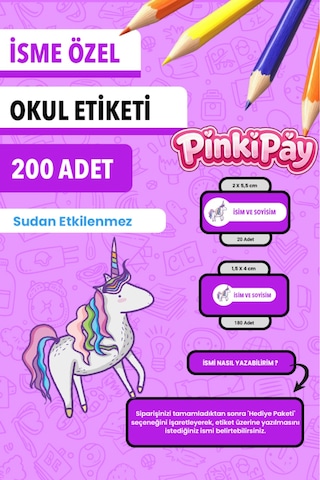 İsim Yazılabilir Eğlenceli Unicorn Temalı Okul Etiketi Kalem & Defter İçin 200 Adet Çoklu