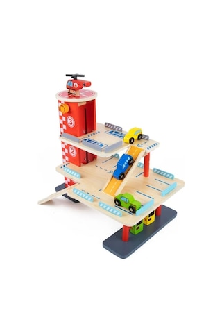 Ahşap Otopark Arabalar Asansörlü Helikopterli Garaj Oyun Seti