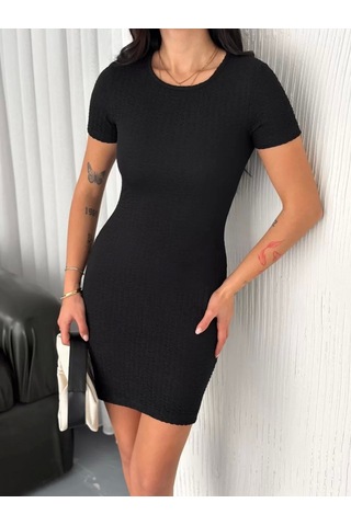 Kadın Bisiklet Yaka Kısa Kol Likralı Elbise - Siyah Siyah