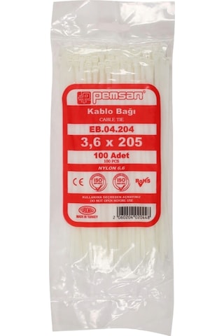 Pemsan - 3,6mm X 205mm Plastik Cırt Kelepçe - Kablo Bağı - Beyaz