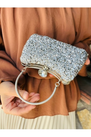 Çanta Trend İri Kristal Taşlı El Ve Uzun Zincir Askılı Kadın Gümüş Abiye Çanta GÜMÜŞ