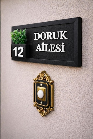 Kişiye Özel Ahşap Kapı İsimliği Çiçekli 10x20 Cm Mdf Dekoratif Kapı Tabelası Antrasit-siyah