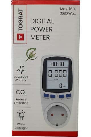 Tograt - Dijital Wattmetre - Priz Tipi - Elektrik Tüketimi Ölçer - 220v 16a 3680w - Işıklı Lcd Ekran