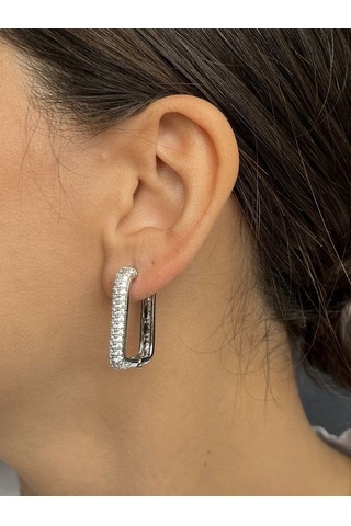 Gümüş Renkli Taşlı Dikdörtgen Küpe