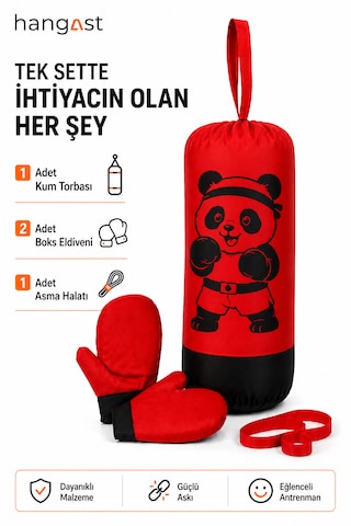 Çocuk Boks Seti Panda Desenli Asılabilir Boks Torbası Eldivenli Kırmızı