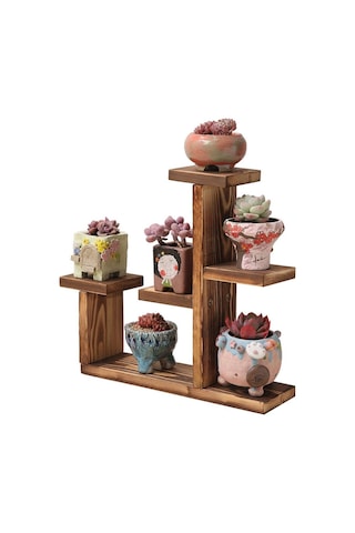 Ahşap Sukulent Ve Çiçek Standı - 5 Bölmeli Dekoratif Masaüstü Saksı Rafı - 25x25 Cm Kahverengi