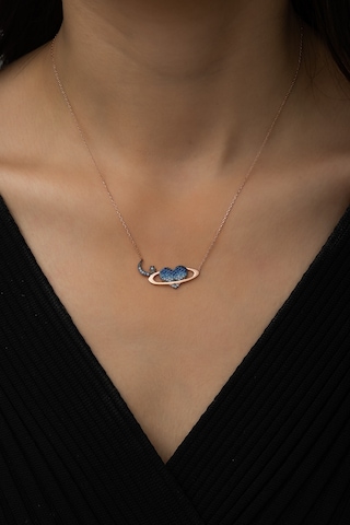 Papatya Silver Satürn Kuşaklı Kalp Ay Yıldız Bayrak Kolye Rose Gold Kaplama 925 Ayar Gümüş, UVPS100492