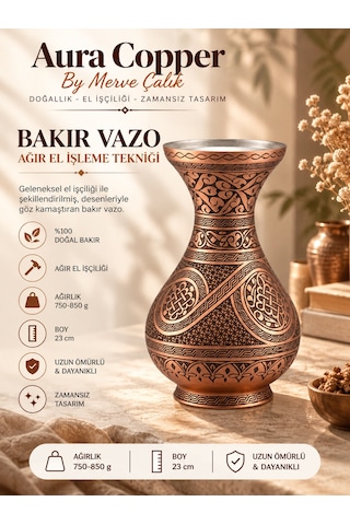 Aura Copper Dekoratif Bakır Vazo 23 Cm Ağır El İşlemeli El Yapımı Obje Çiçeklik Vz-00004