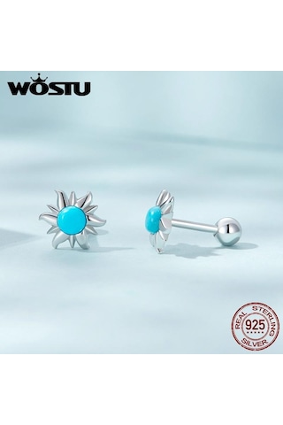 Wostu 925 Ayar Gümüş Minik Güneş Saplama Küpeler Kadınlar İçin Trendy Güzel Düğün Takısı Mavi Turkuaz Piercing Küpe