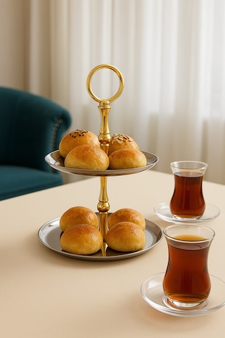 2 Katlı Yuvarlak Paslanmaz Çelik Sunumluk,kurabiyelik,makaronluk,söz,nişan Masa Aksesuarı,çeyizlik Gold