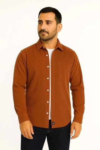 Freedom Store Erkek Fitilli Kadife Cepli Gömlek Oversize Rahat Kalıp - Kahverengi