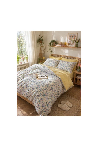 %100 Pamuk Çift Kişilik Nevresim Takımı Spring Bloom Sarı Sarı Lila Yeşil