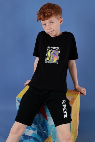 Lela Pamuklu Regular Fit Bisiklet Yaka Şortlu Alt-Üst Erkek Çocuk Takım 6212011 Siyah