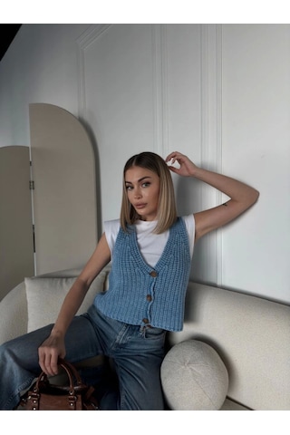 Modasize Triko Kolsuz Düğmeli Yelek - Mavi Mavi