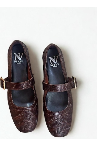 Ne&ve Shoes Kahve Hakiki Deri Örgü Desen Baskılı Kare Burunlu Tek Bantlı Kadın Şık Ve Rahat Babet Kahverengi