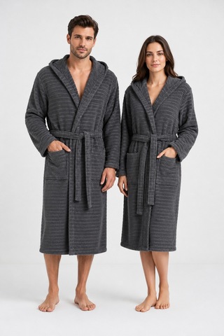 Pamuklu Kapüşonlu Banyo Bornozu Yumuşak Doku Çeyiz Cepli Kemerli Unisex Antrasit