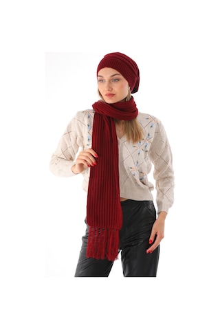 Kadın Ipli Bere Bordo Selanik Örgü Atkı Takım Bordo