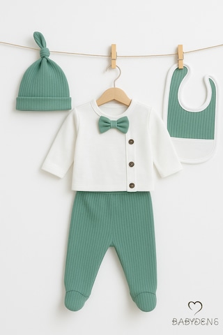 Babyden's Erkek Bebek Hastane Çıkışı 5'li Takım %100pamuk Ribana Kumaş Papyonlu Zıbın, Şapka,eldiven,önlük,alt Yeşil