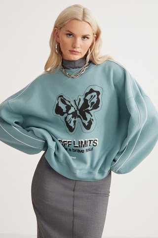 Grımelange Raketı Kadın Içi Polarlı Yumuşacık Bisiklet Yaka Biye Ve Parça Baskılı Relaxed Yeşil Sweatshirt