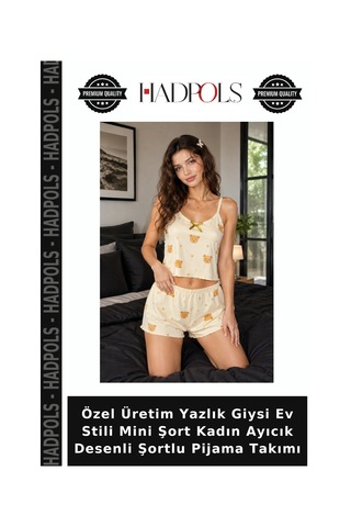 Hadpols Özel Üretim Yazlık Giysi Ev Stili Mini Şort Kadın Ayıcık Desenli Şortlu Pijama Takımı sarı