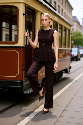 Benerly Selanik Örgü Düğme Detaylı Peplum Kesim Kolsuz Üst Geniş Paça Pal Kahverengi