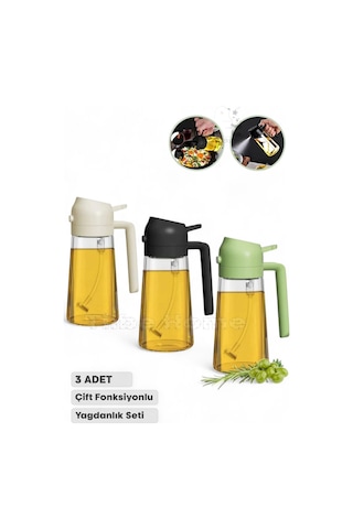 3 Adet Çift Fonksiyonlu Yağdanlık 550ml Zeytinyağı Sıvıyağ Cam Şişe Sprey Airfryer Yağlık Sirkelik