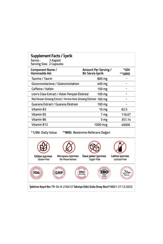 Validus Taurine Glucoronolactone Lion's Claw Extract Guarana Extract 60 Kapsül