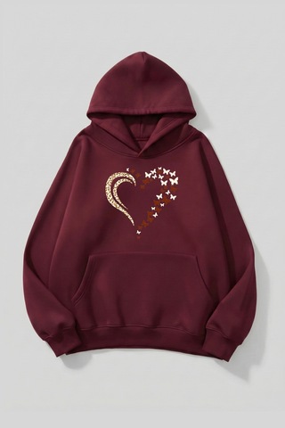 Uyguntarz Unisex Yumuşak Dokulu Kelebek Leoparlı Kalp Baskılı Tasarım Oversize 3 İplik Hoodie Sweatshirt Bordo