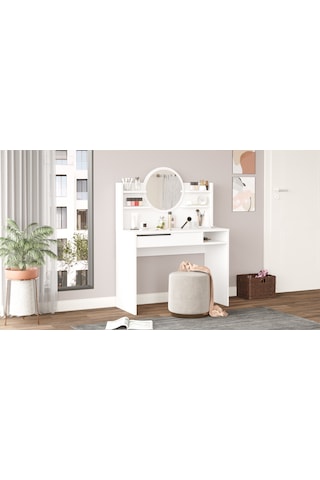 Robin Home Paris Makyaj Masası Aynalı Raflı Çekmeceli Beyaz