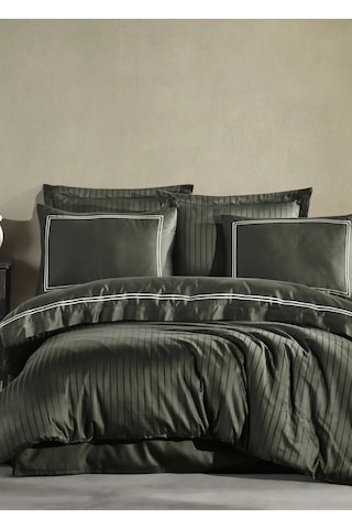 Dantela İmge Nakışlı Pamuk Saten Yollu Nevresim Takımı Haki Haki