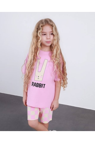 Miniko Kids Kız Çocuk Rabit Tavşan Modelli Pamul Şortlu Takım Pembe