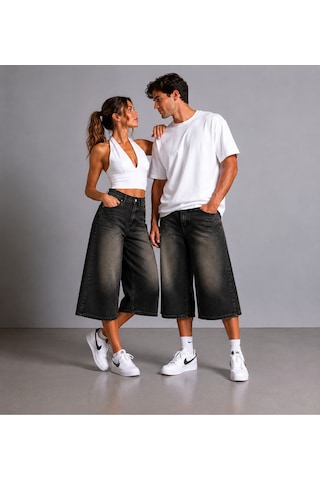 St.poll Kahve Yıkma Unisex Baggy Şortolon Siyah