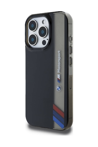 İphone 16 Pro Uyumlu Kılıf Bmw Lisanslı M Logolu Üç Renk Çizgili Motorsport Vertical Stripe Siyah Siyah