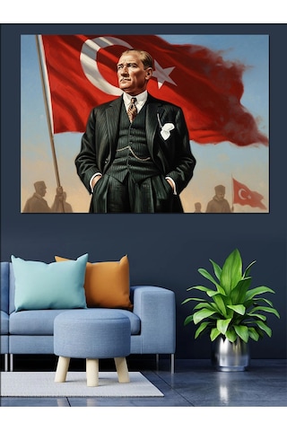 Türk Bayraklı Atatürk Dekoratif Kanvas - Mdf Ahşap Tablo
