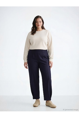 Lcw Vision Lacivert Loose Fit Kadın Pileli Süet Görünümlü Pantolon