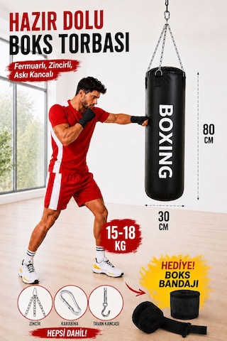 Boxing 80 Cm Yetişkin Model Hazır Dolu Boks Torbası Ve Zinciri - Hediye Boks Bandajı Siyah