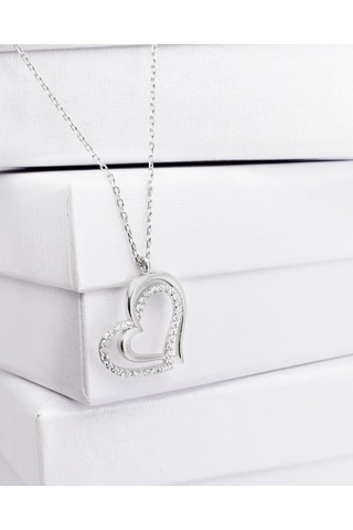 Brezza Lusso Jewelry Diamond Model Special Çift Kalp Kadın Gümüş Kolye 45 CM 45 CM