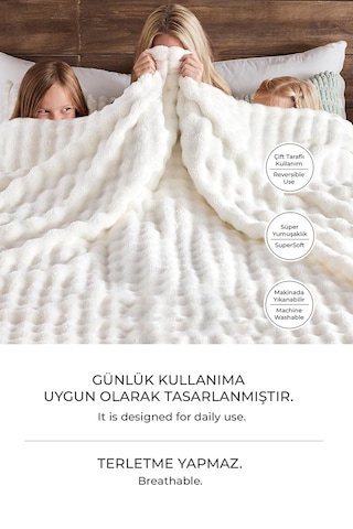 Kürk Bubble Battaniye Seti Çift Kişilik Peluş Tavşan Tüyü 3 Parça Yumuşak 220x240 Cm Krem Kırık Beyaz
