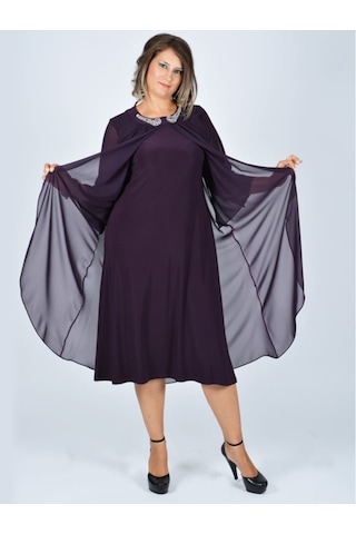 Nidya Moda Büyük Beden Üstü Şifon Elbise-4037M Mürdüm