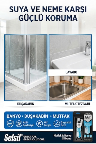 Selsil Antibakteriyel Mutfak Banyo Silikonu Suya Dayanıklı Duşakabin Lavabo Tezgah Silikonu Şeffaf