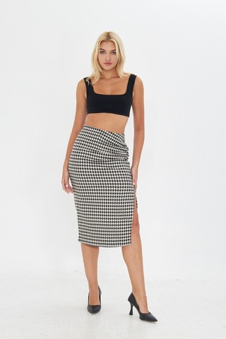 Siyah Kazayağı Desenli Yırtmaçlı Midi Boy Etek Ekru