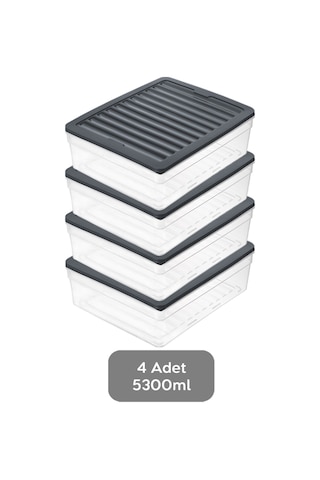 4'lü Derin Buzdolabı Organizer Set Düzenleyici Saklama Kabı Mikrodalga Difriz Kabı 5300 ML Antrasit
