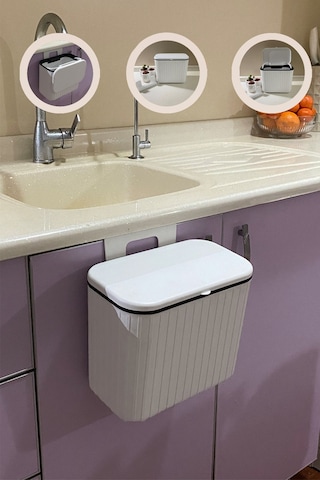 Biltaş Plastik Vailo Beyaz Çizgili 8 Lt Mutfak Tezgah Üstü Ve Dolap Askılı Çöp Kovası Beyaz