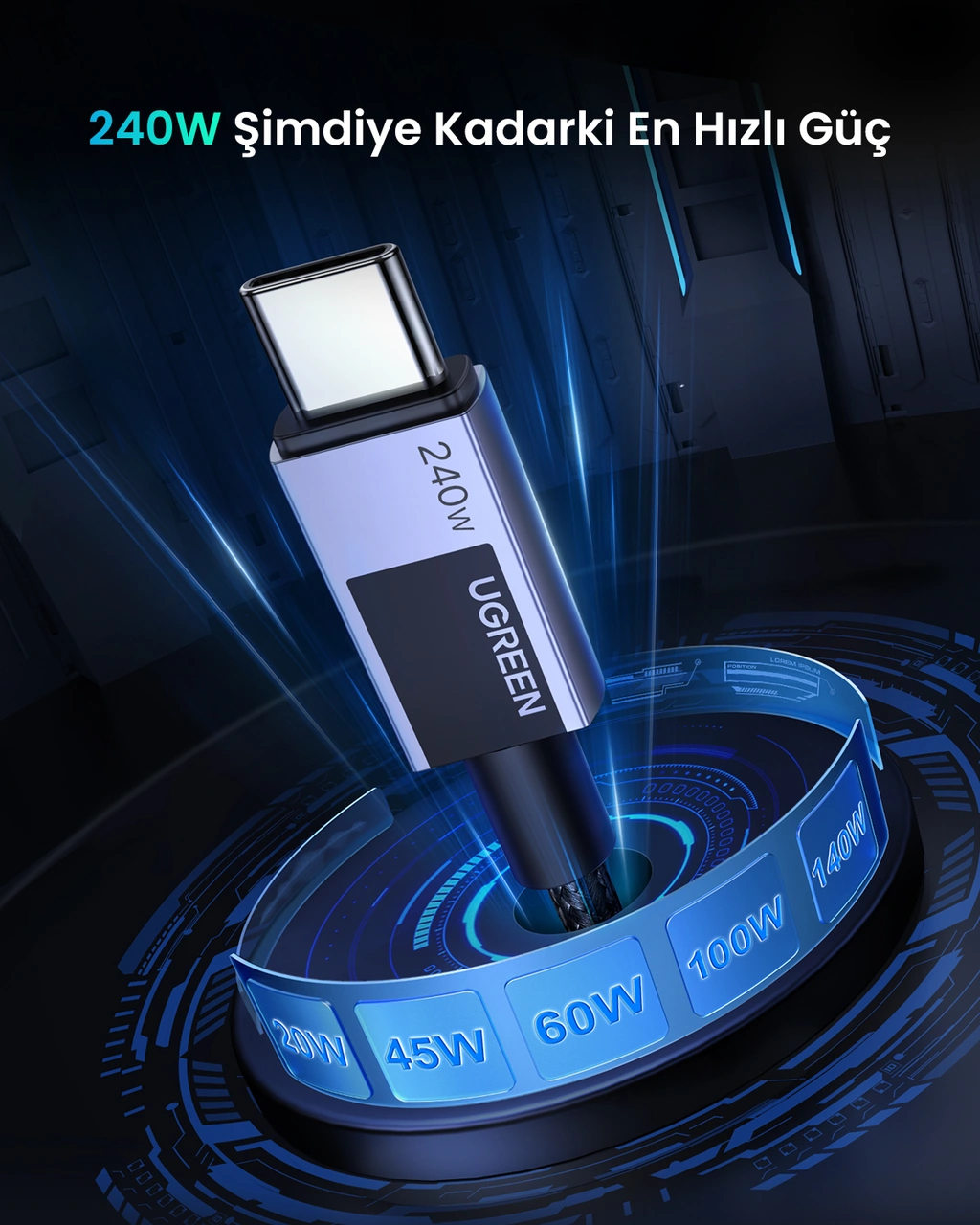 Ugreen Usb-c To Usb-c 240w Pd Hızlı Şarj Kablosu, Uzay Grisi, 1m, 45067 -