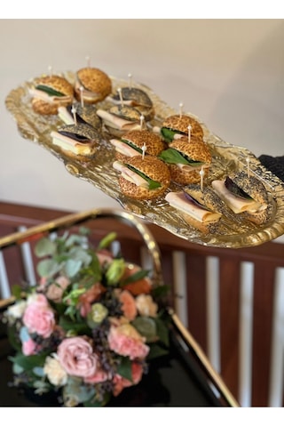 Büyük Boy Altın Varak 4 Bölmeli Çerezlik Sunumluk Servis Tabağı Cam 53x21,5 Cm