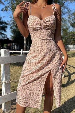 Bella Notte Çiçek Baskılı Düğümlü Askılı Yazlık Elbise Pembe